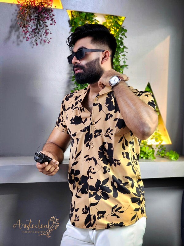 Aristo Cuban Half Sleeve Printed Shirts (Beige Floral) - Image 3