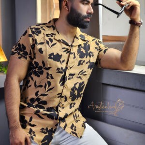 Aristo Cuban Half Sleeve Printed Shirts (Beige Floral)