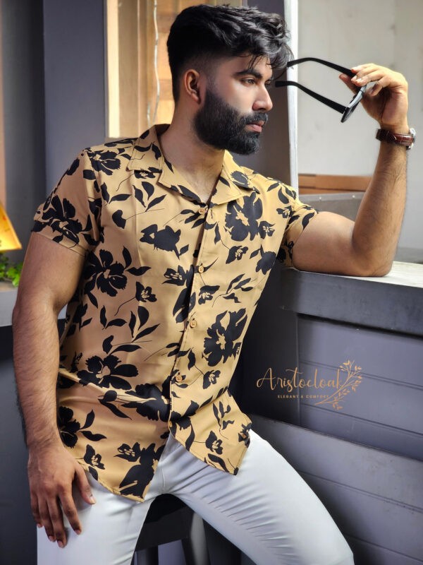 Aristo Cuban Half Sleeve Printed Shirts (Beige Floral)