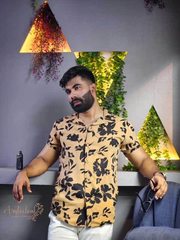 Aristo Cuban Half Sleeve Printed Shirts (Beige Floral) - Image 2