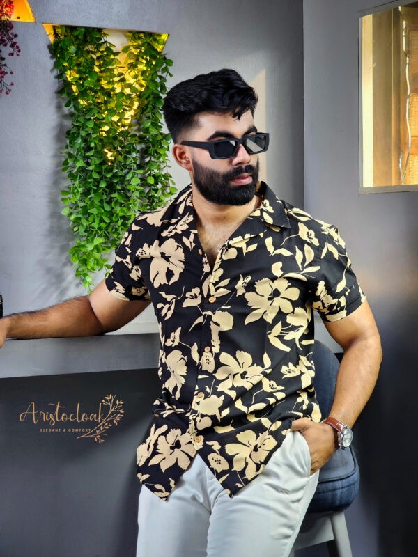 Aristo Cuban Half Sleeve Printed Shirts (Black Floral) - Image 2