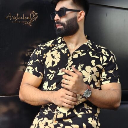 Aristo Cuban Half Sleeve Printed Shirts (Black Floral)