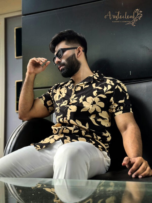 Aristo Cuban Half Sleeve Printed Shirts (Black Floral) - Image 3