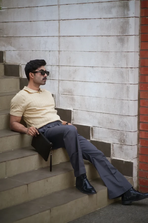 Ribbed V Polo T-Shirt (Beige) - Image 3