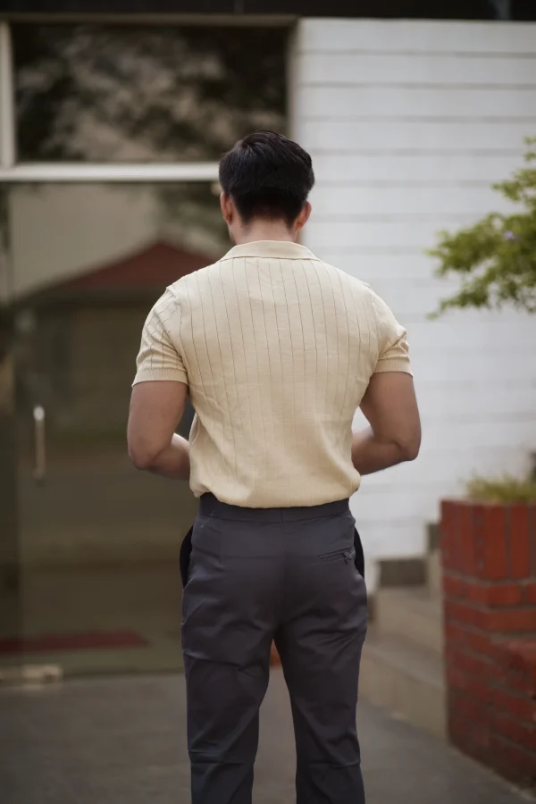 Ribbed V Polo T-Shirt (Beige) - Image 4