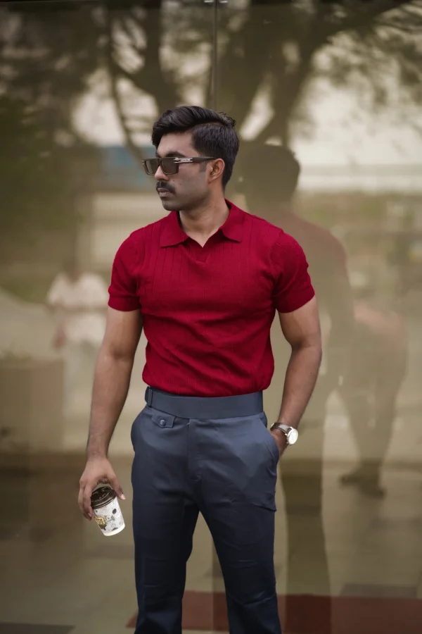 Ribbed V Polo T-Shirt (Maroon) - Image 2