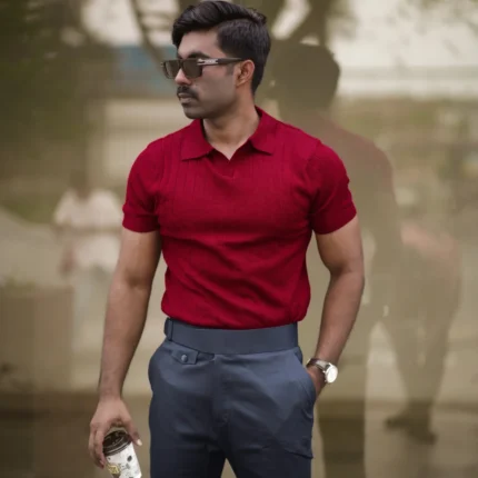 Alternative view of Ribbed V Polo T-Shirt (Maroon)