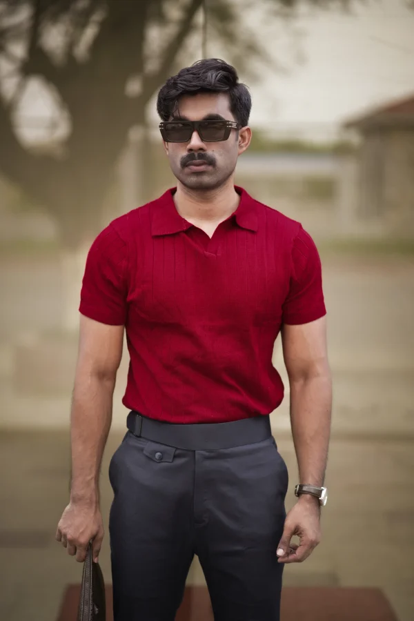 Ribbed V Polo T-Shirt (Maroon) - Image 3