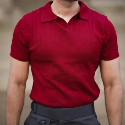 Ribbed V Polo T-Shirt (Maroon)