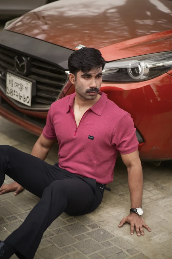 Waffle Zipper Polo T-Shirt (Burgundy) - Image 4