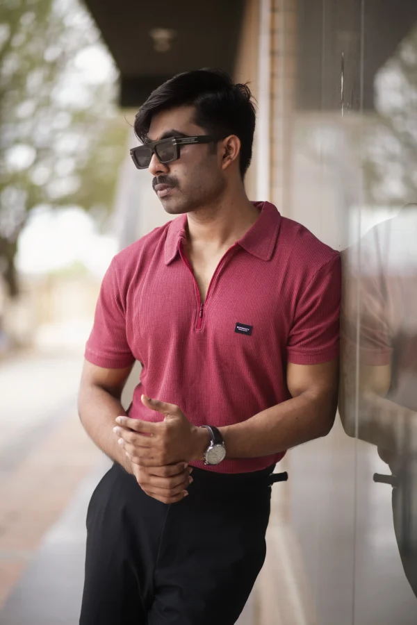 Waffle Zipper Polo T-Shirt (Burgundy) - Image 3