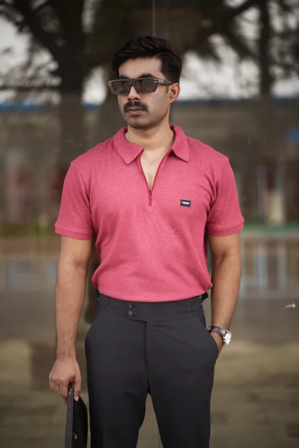 Waffle Zipper Polo T-Shirt (Burgundy) - Image 2