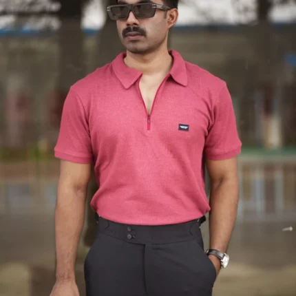 Alternative view of Waffle Zipper Polo T-Shirt (Burgundy)