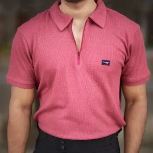 Waffle Zipper Polo T-Shirt (Burgundy)