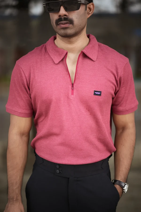 Waffle Zipper Polo T-Shirt (Burgundy)