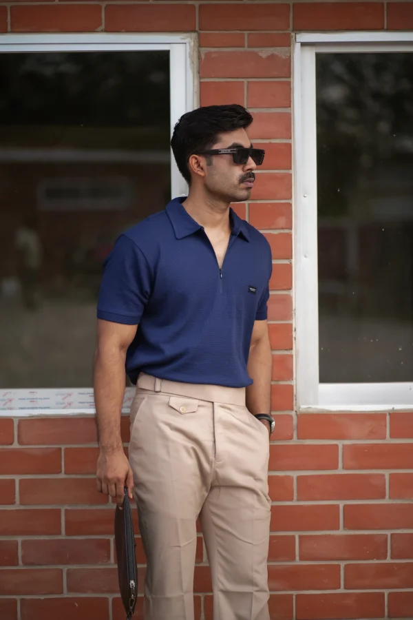 Waffle Zipper Polo T-Shirt (Navy Blue) - Image 2