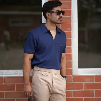 Alternative view of Waffle Zipper Polo T-Shirt (Navy Blue)