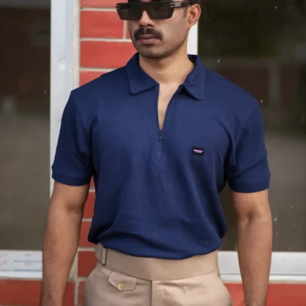 Waffle Zipper Polo T-Shirt (Navy Blue)