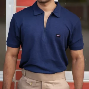 Waffle Zipper Polo T-Shirt (Navy Blue)