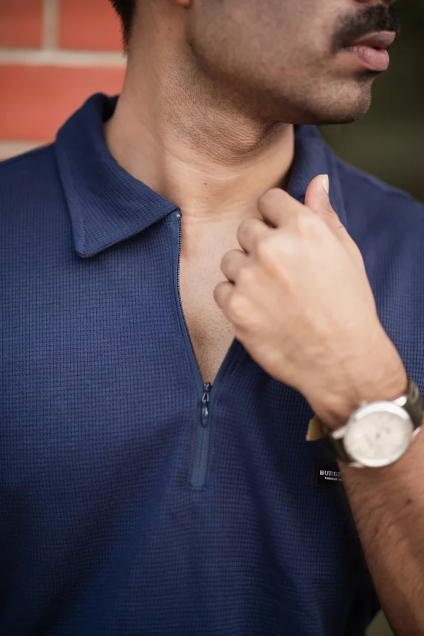 Waffle Zipper Polo T-Shirt (Navy Blue) - Image 3