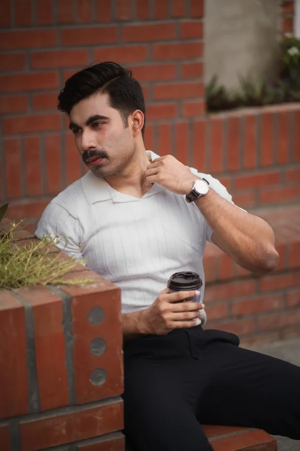 Ribbed V Polo T-Shirt (Off White) - Image 2