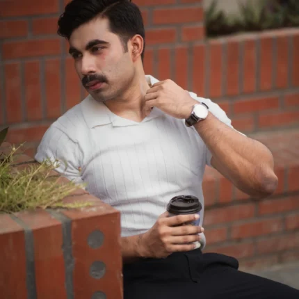 Alternative view of Ribbed V Polo T-Shirt (Off White)