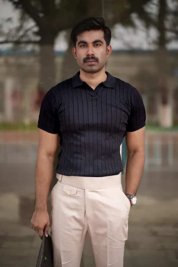 Ribbed V Polo T-Shirt (Black) - Image 3