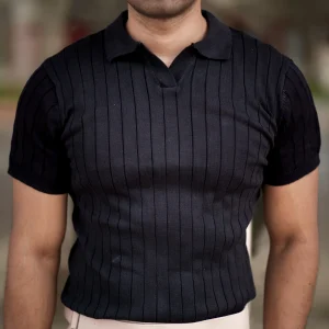 Ribbed V Polo T-Shirt (Black)