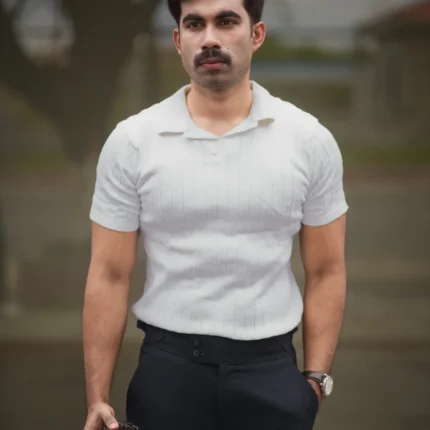 Ribbed V Polo T-Shirt (Off White)