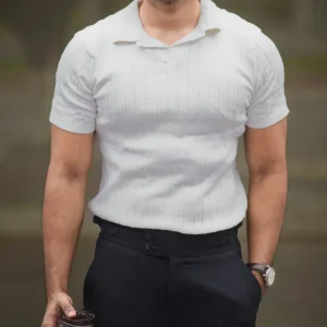Ribbed V Polo T-Shirt (Off White)