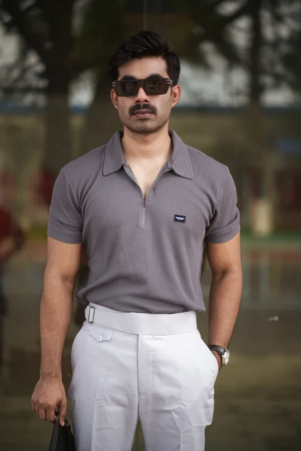 Waffle Zipper Polo T-Shirt (Charcoal Grey) - Image 2
