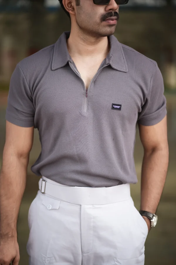 Waffle Zipper Polo T-Shirt (Charcoal Grey)