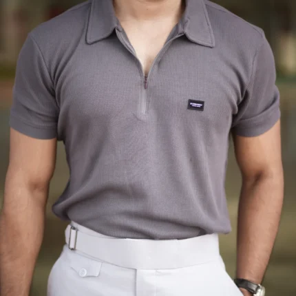 Waffle Zipper Polo T-Shirt (Charcoal Grey)