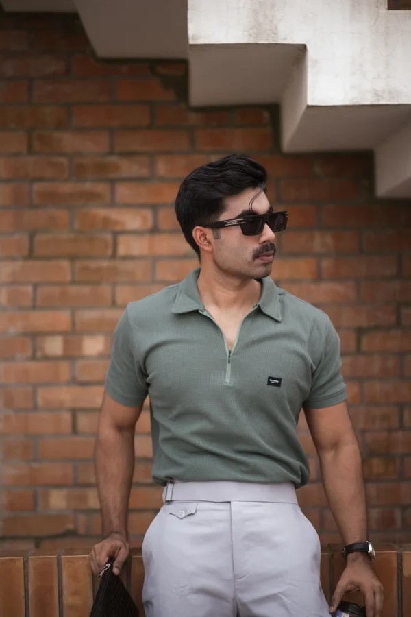 Waffle Zipper Polo T-Shirt (Sage Green) - Image 2