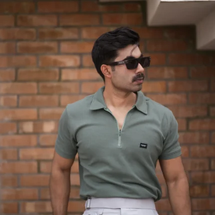 Alternative view of Waffle Zipper Polo T-Shirt (Sage Green)