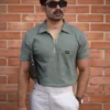 Waffle Zipper Polo T-Shirt (Sage Green)