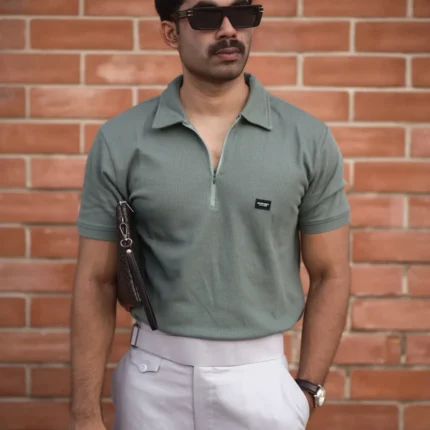 Waffle Zipper Polo T-Shirt (Sage Green)