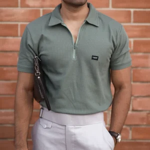 Waffle Zipper Polo T-Shirt (Sage Green)