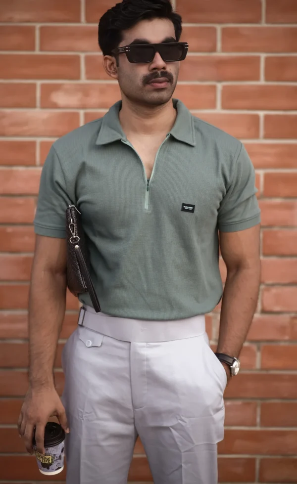 Waffle Zipper Polo T-Shirt (Sage Green)