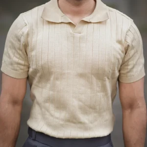 Ribbed V Polo T-Shirt (Beige)