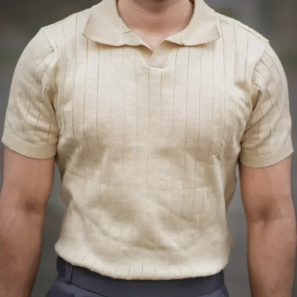 Ribbed V Polo T-Shirt (Beige)