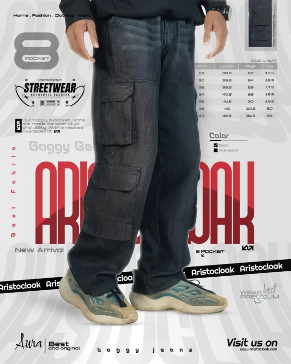 8 Pocket Cargo Baggy Jeans (Black)