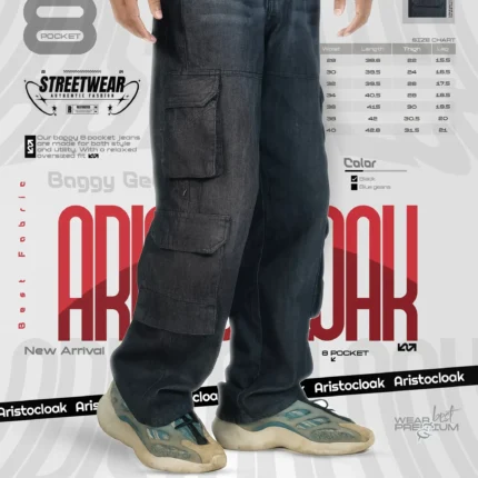 8 Pocket Cargo Baggy Jeans (Black)